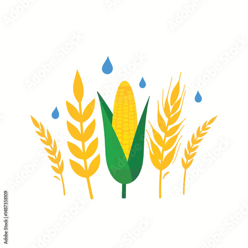 Colorful crops collection with water droplets, agricultural symbolism