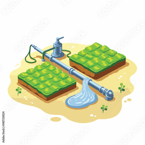 Irrigation setup watering lush crops in sunny farmland, agricultural efficiency