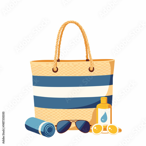 Stylish beach bag with accessories on white background, summer vibes