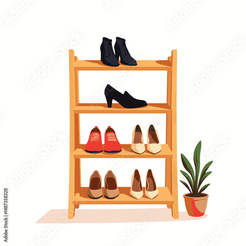 Compact wooden shoe rack displaying colorful footwear, minimalistic design