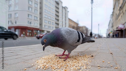 A pigeon pecks at breadcrumbs on the city pavement, focused and undisturbed by the urban bustle.
