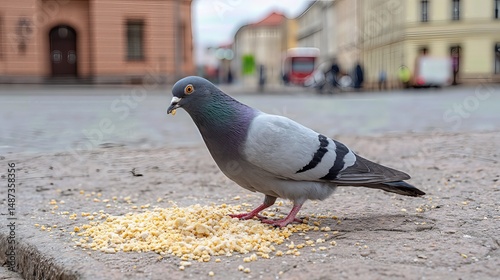 A pigeon pecks at breadcrumbs on the city pavement, focused and undisturbed by the urban bustle.


