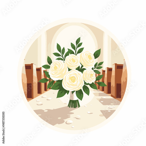 Elegant bridal bouquet of white roses in serene chapel aisle, wedding