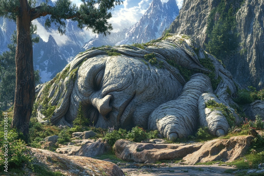 Fototapeta premium Majestic stone figure reclining in a tranquil mountain landscape.