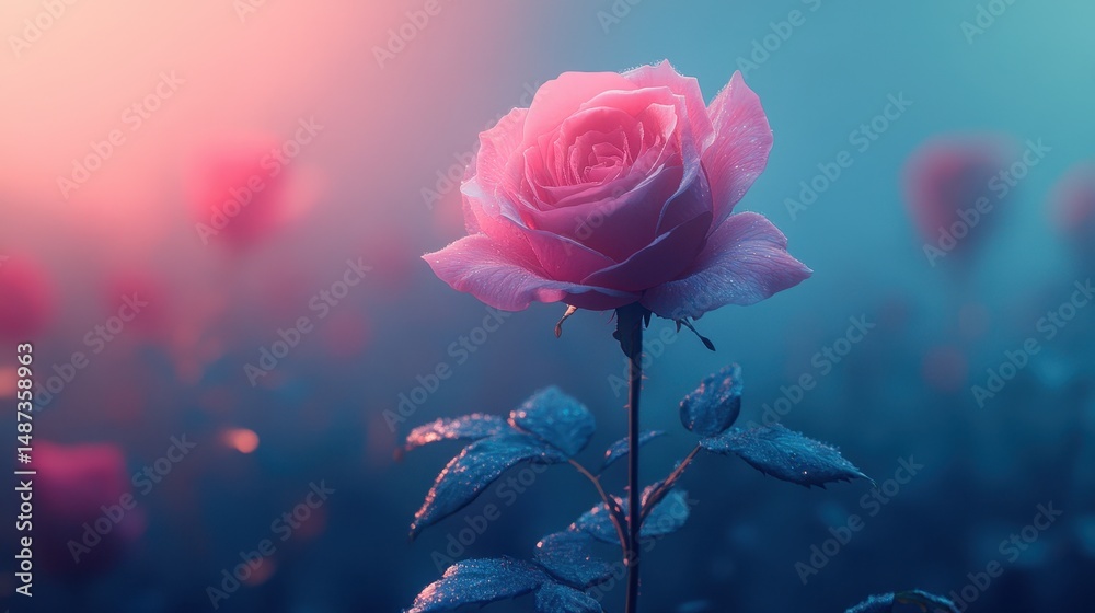 Obraz premium Pink rose sunrise garden misty background romantic card