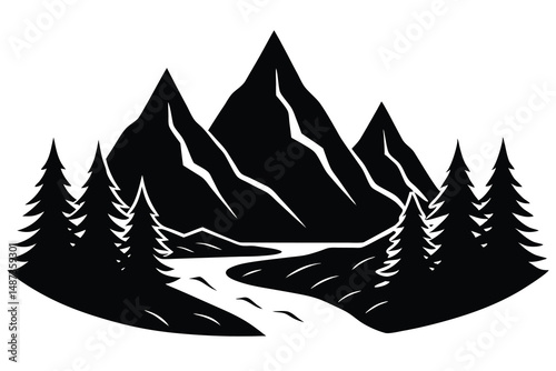 Stark monochrome mountains ascend above a winding river, framed by towering coniferous trees in silhouette