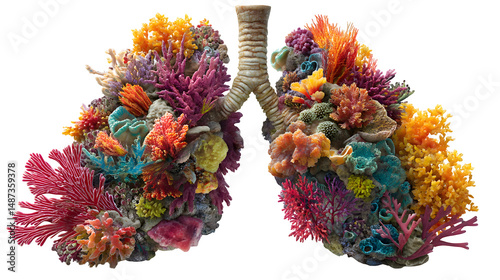Fototapeta Naklejka Na Ścianę i Meble -  Human lung partially transformed into coral reef showing oxygen exchange parallel isolated on Transparent Background