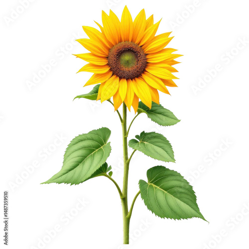 Vibrant Sunflower: A radiant, perfectly rendered sunflower stands tall, showcasing its golden petals, rich brown center, and lush green leaves. A symbol of positivity and the beauty of nature.