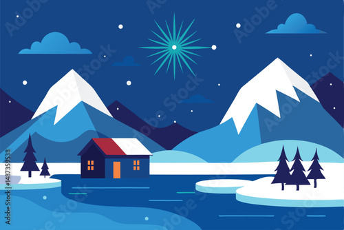 winter landscape with house and mountains