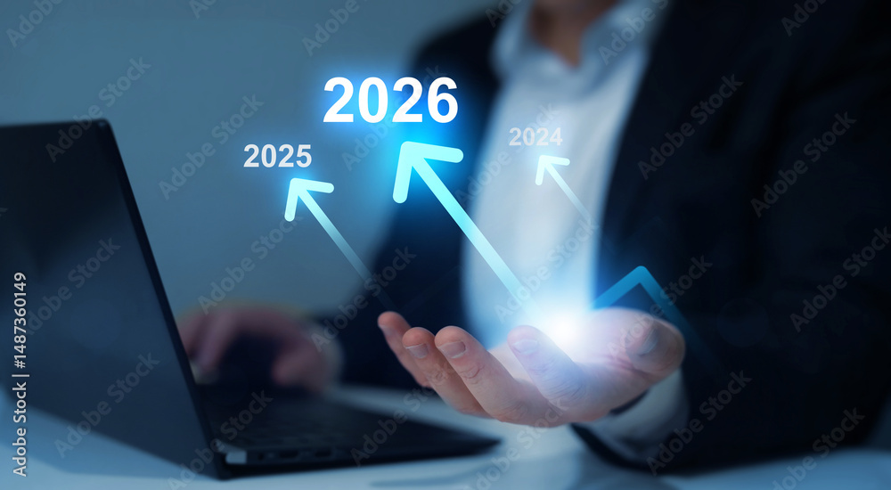Naklejka premium Growth and development chart of company in new year 2026. Planning,opportunity, challenge and business strategy in new year 2026.Development to success and motivation in 2026.