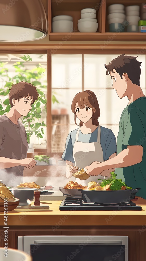 Obraz premium Anime siblings serving homemade food to their proud parents