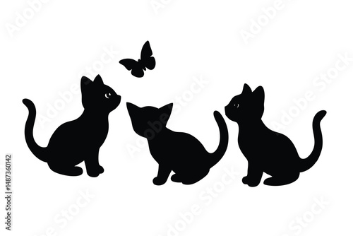 Three adorable black cat silhouettes watch a butterfly flutter around them on a white background