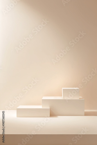 Minimalist Pearl White Podium Display – Clean Product Scene with Soft Lighting, Editorial Studio Setup for Cosmetics or Perfume