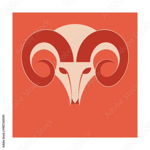 Stylized graphic illustration of the zodiac sign aries with red and beige color palette