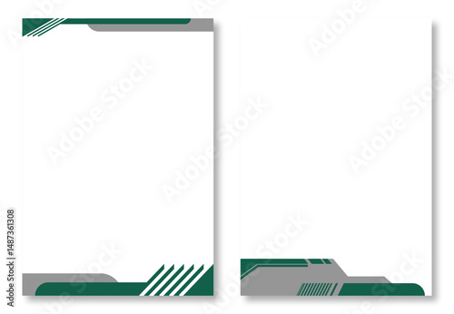 Two abstract letterhead designs, with page templates with green and grey abstract geometric designs and diagonal lines on white. Modern and attractive design elements. 