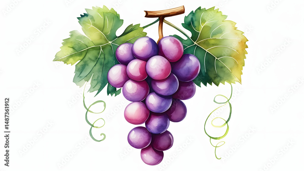 Obraz premium Watercolor illustration of a bunch of grapes with leaves and tendrils on white background