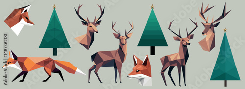 Vector set minimalistic abstract illustration of origami forest animals, deer. fox made using simple geometric shapes. Reindeer for printing, wallpaper, digital projects. 