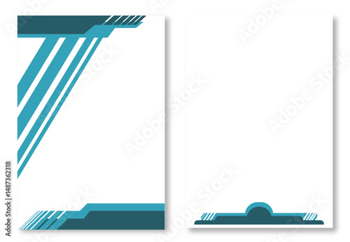 Two abstract letterhead designs, with modern page templates with turquoise and blue abstract geometric designs on a clean white background. Modern and attractive design elements. 