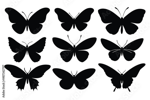 Various beautiful black butterfly silhouettes show differing wing patterns in a composition