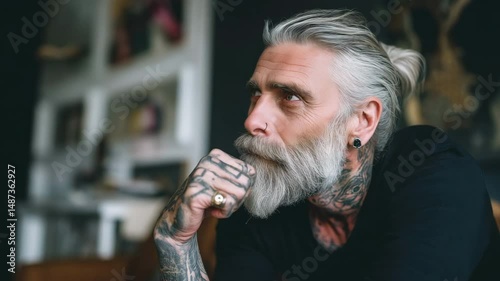 A elderly, tattooed man in the living room, deep in thoughtful.
