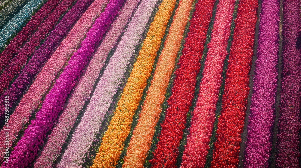 Obraz premium Aerial view of vibrant, colorful flower rows in a vast field