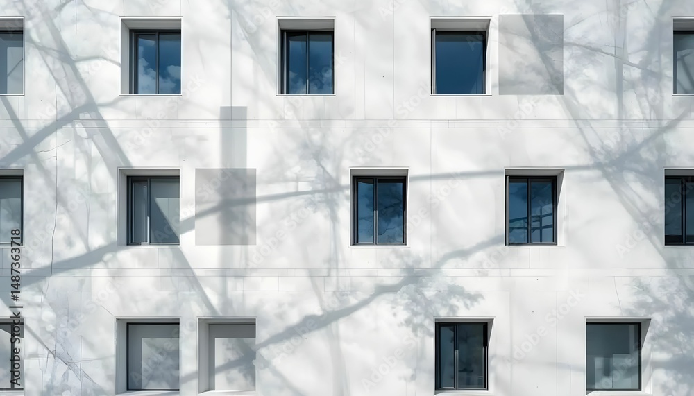 Fototapeta premium white building facade with window shadows and branches