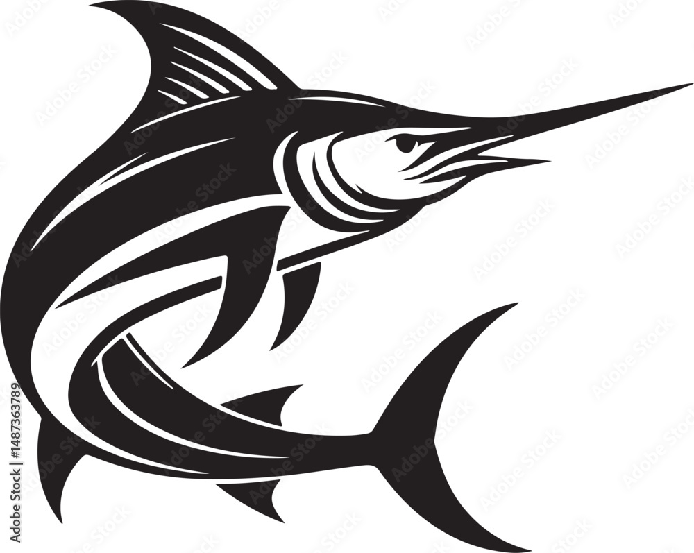Fototapeta premium Blue Marlin Black Silhouette Vector, Ocean Fish Clipart & Sport Fishing Design