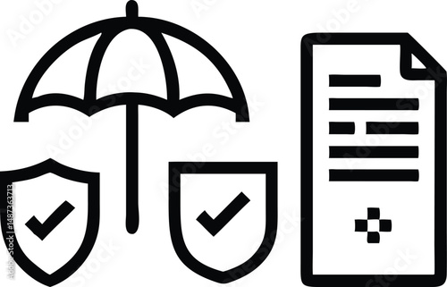A black umbrella shields two shield icons and a document with lines inside