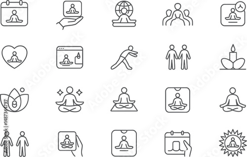 Yoga and wellness line icons set modern, simple design, Mindful exercise and relaxation activity symbols set