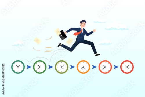 Businessman hurry running on time counting down deadline, deadline urgency, timer clock countdown, pressure to finish work within time limit, due date or timing to complete responsibility concept