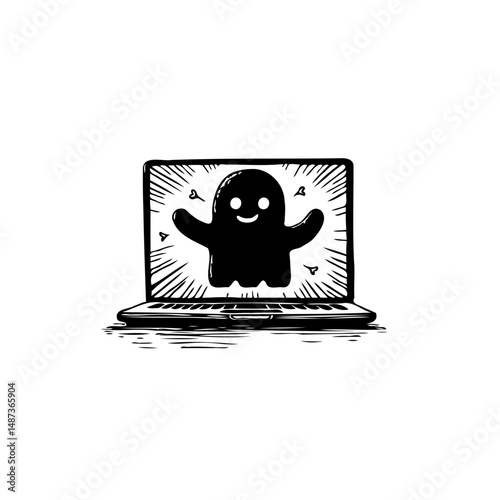 Digital apparition: a stylized laptop displaying a playful spectral figure