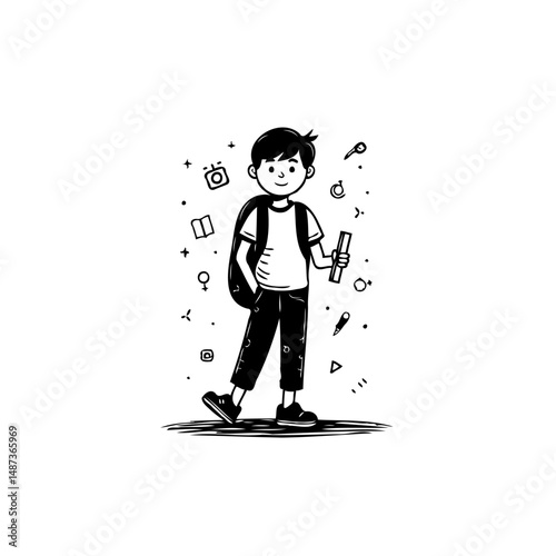 Drawn illustration of a schoolboy with backpack ready for education adventure
