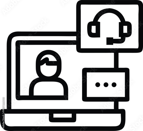 A stylized icon shows an online meeting on a laptop with headphones on display