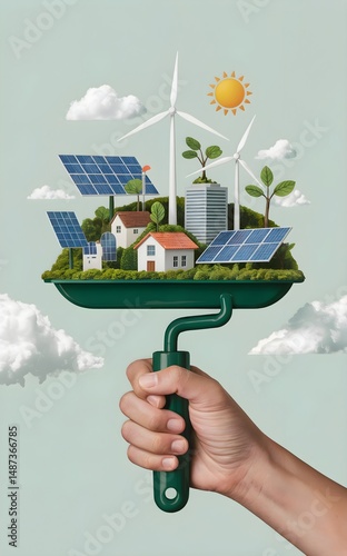 Hand Holding Paint Roller with Miniature Green Energy City Concept Illustration