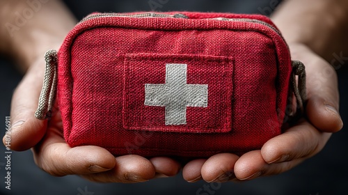 Red First Aid Kit in Hands – Emergency Medical Preparedness Concept photo