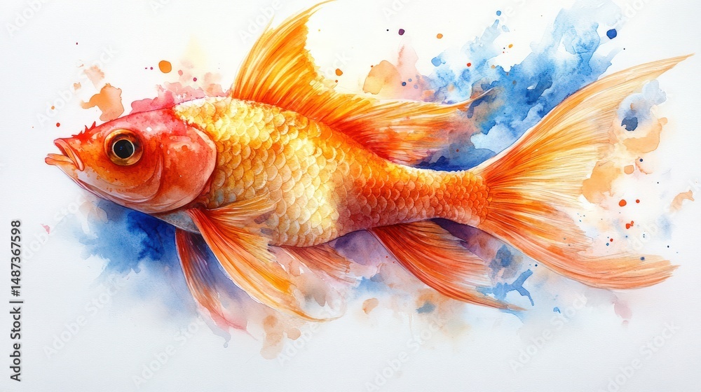 Fototapeta premium Watercolor goldfish illustration. Vibrant orange and gold scales, detailed fins, against a backdrop of colorful, abstract watercolors