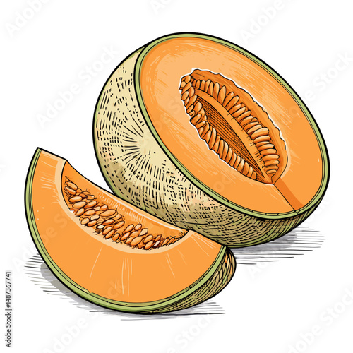 Create a bold, vector illustration of a halved cantaloupe, showcasing its vibrant orange flesh and seeds.  High detail, clean lines.