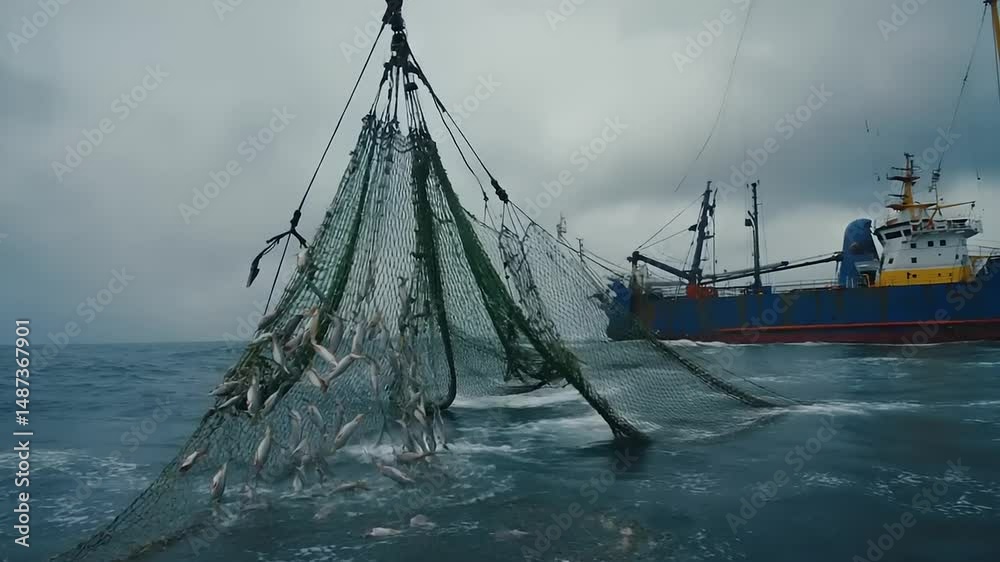 Fishing net full of fish, stormy sea.