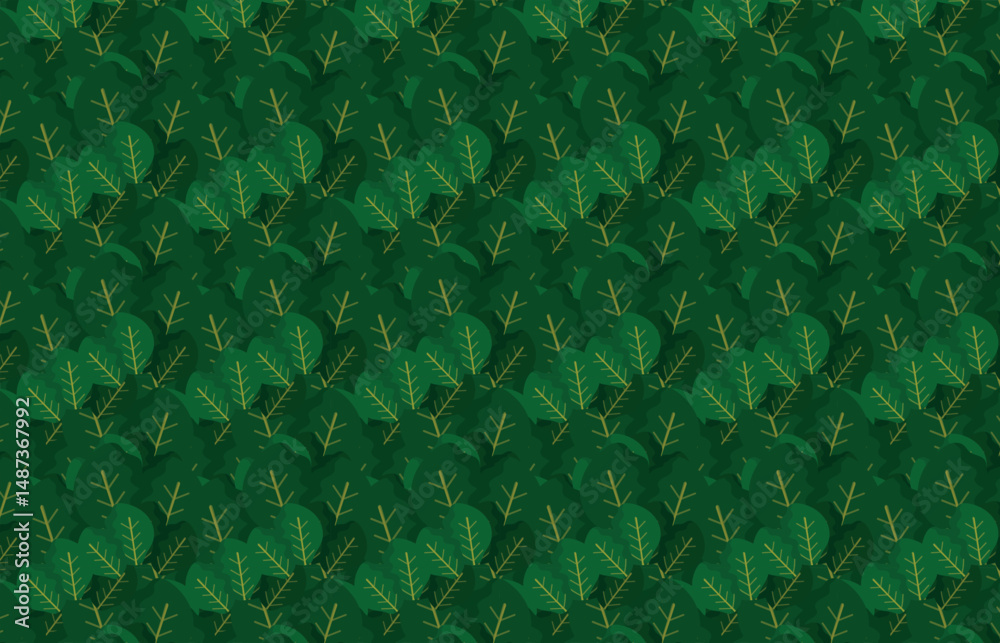 Fototapeta premium Seamless botanical pattern featuring stylized green leaves. Suitable for textile prints, wallpaper, backgrounds, surface design, and tropical or nature-themed projects.