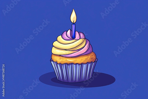 Celebratory cupcake illustration with single candle on a vibrant background
