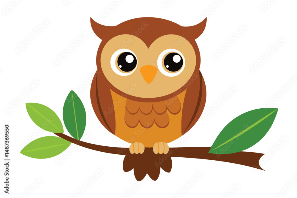 Fototapeta premium Animated brown owl character sits peacefully on a leafy branch within a cartoon nature scene