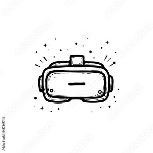 Sketch of a virtual reality headset surrounded by cosmic particles effect