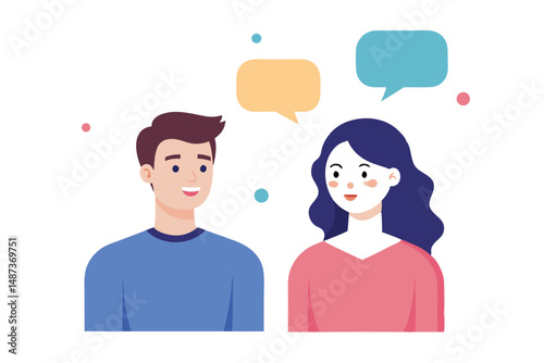 Animated man and woman characters communicate with colorful speech bubbles floating above their heads