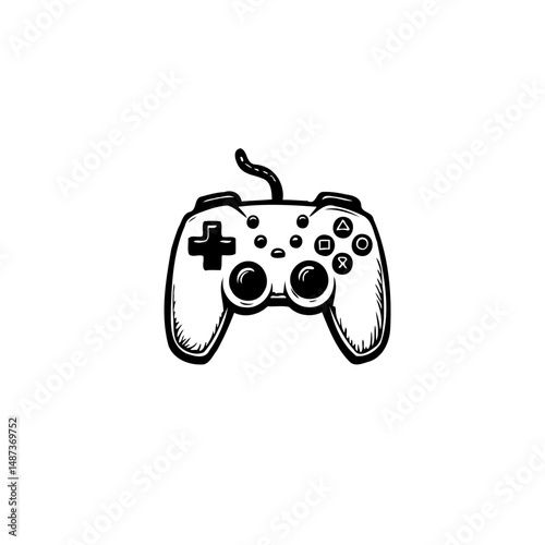 Detailed line drawing of a classic game controller on a clean white backdrop