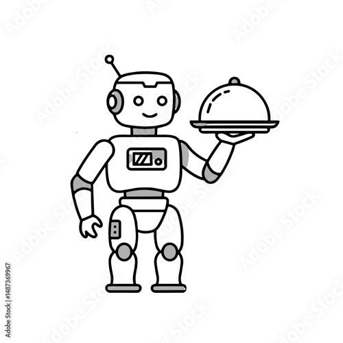 Robot serving food on a platter in minimalist line art style  