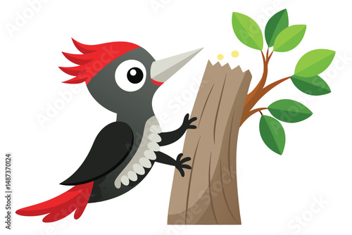 Animated woodpecker with a red crest is pecking into the tree trunk vigorously