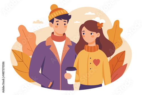 Autumnal shows loving couple in sweaters standing amidst colorful leaves together fondly
