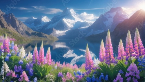 Alpine Serenity – Blooming Wildflowers by a Tranquil Mountain Lake, Mount Cook Lupins by Lake Tekapo photo