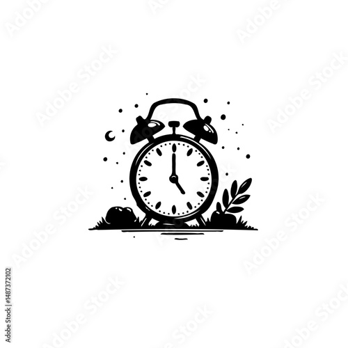 Whimsical alarm clock illustration with celestial elements and foliage accents