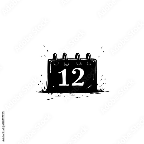 Monochrome Sketch of a Calendar Displaying the Number Twelve in Bold Style